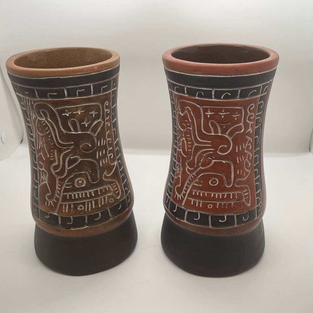 Pottery Vase With Mayan / Aztec Design Signed Armando De Mexico set of 2